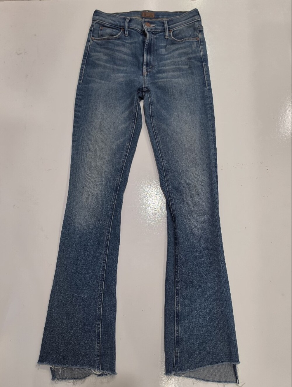MOTHER High Rise Flare Jeans Medium Wash Asymmetrical Frayed Step Hem Size 26